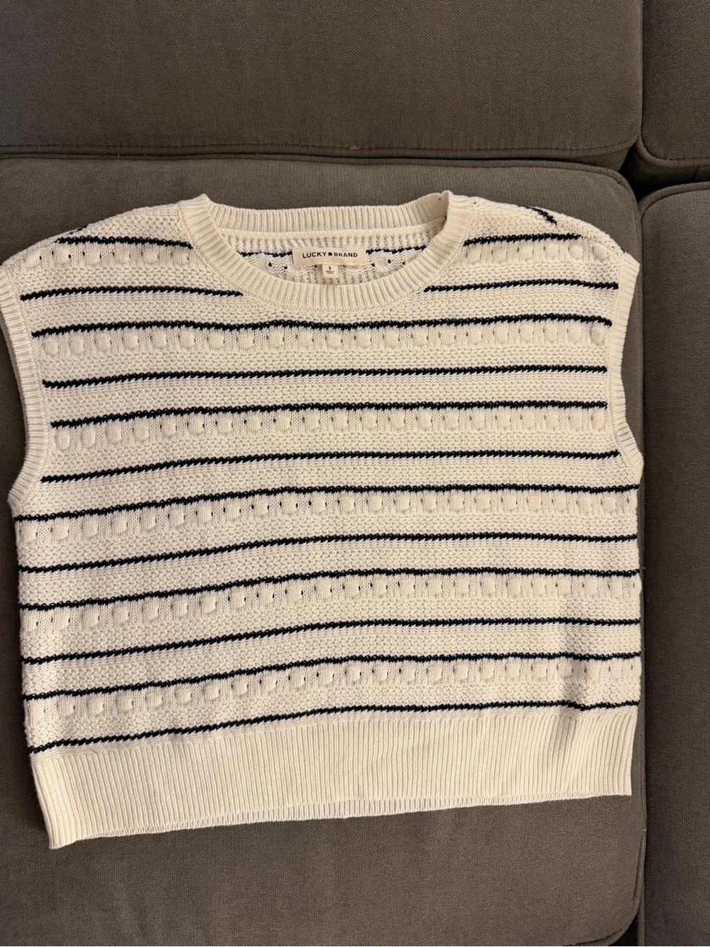Lucky Brand Cream Sweater Vest with Navy Stripes
